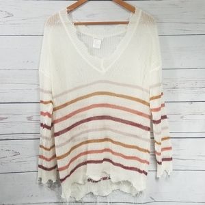 Main Strip Frayed Edge V Neck Sweater/4 for $20!